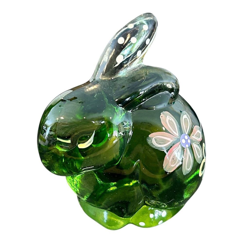 Fenton Glass Bunny Rabbit Emerald Green Hand Painted Floral‎ Daisies Signed
